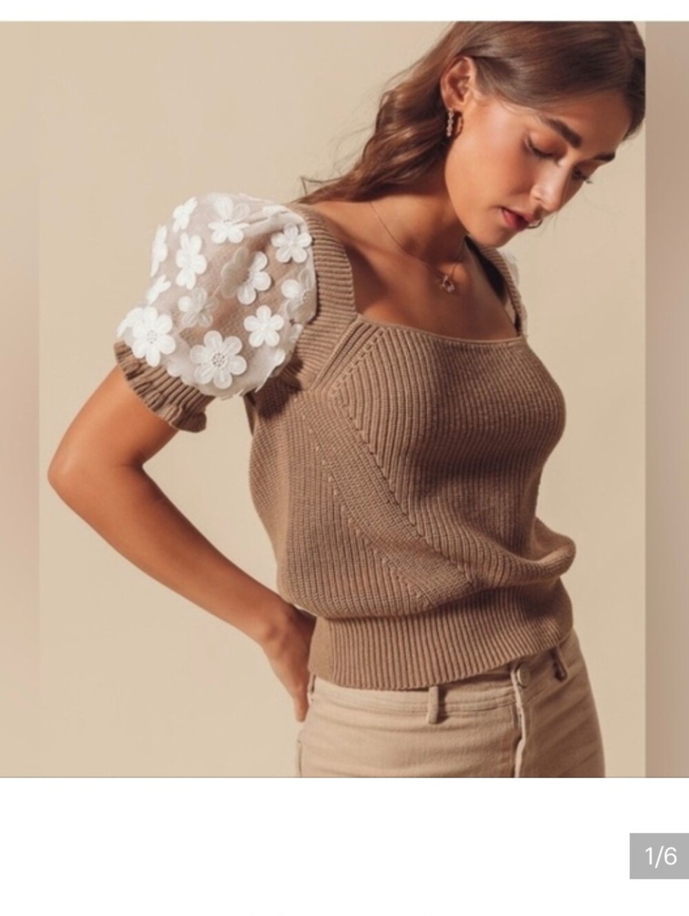 French Connection Tan Knit Sweater with White Floral Puff Sleeves Large